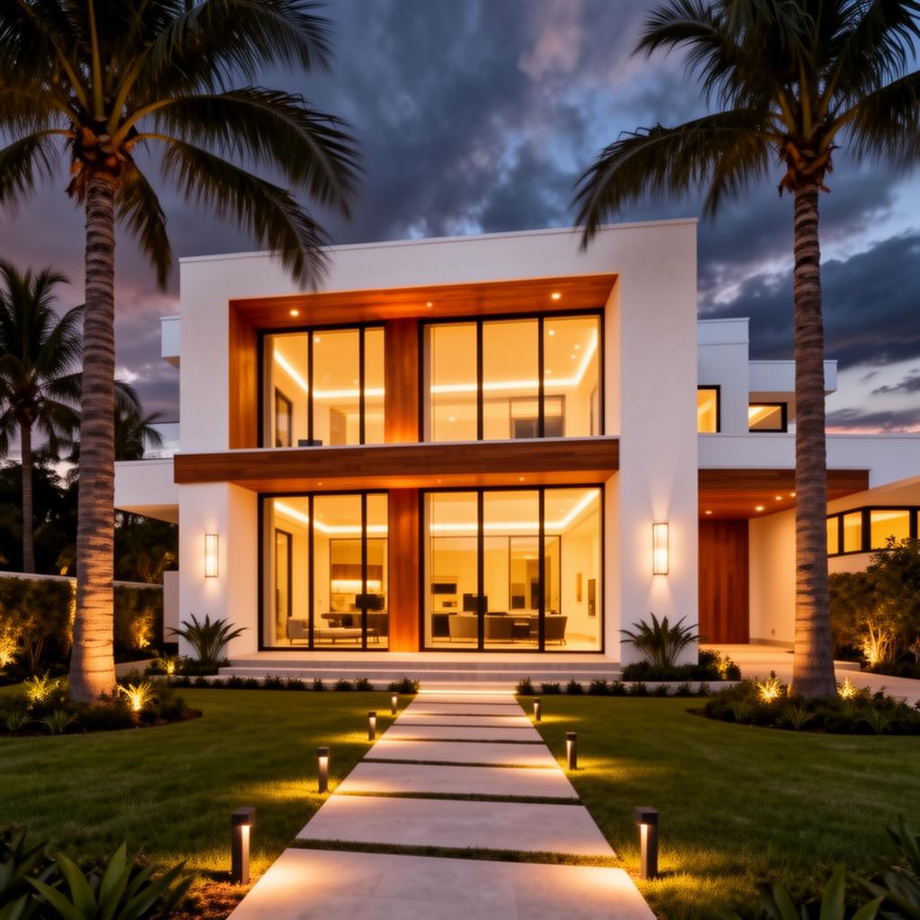 Modern luxury home with palm trees at dusk